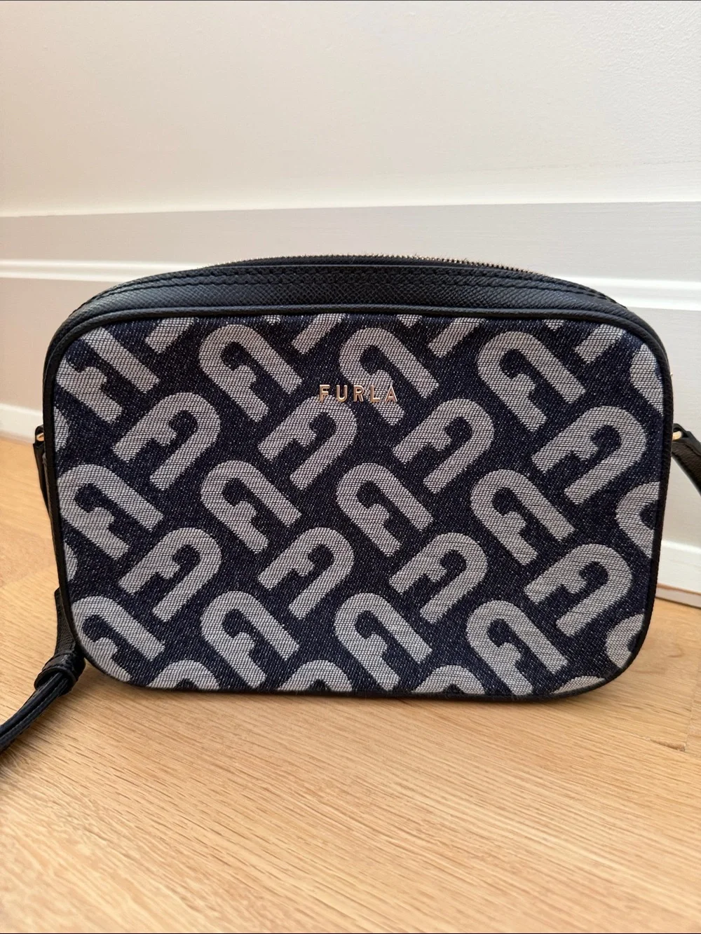 Furla Black and Gray Jacquard Crossbody Logo Bag